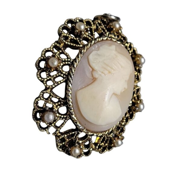 Vermeil Carved Shell Cameo Pendant Faux Pearl Accent Gold Tone Sterling Silver - Picture 5 of 14